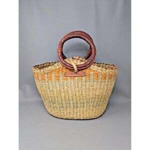 Bolga Baskets International Handwoven African Market Tote Bag Leather Handles